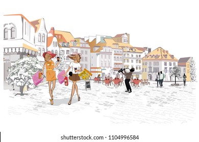 Series of the street cafes with people, men and women, in the old city, vector illustration. Waiters serve the tables. 