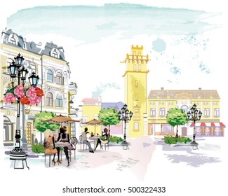Series of the street cafes with people, men and women, in the old city, watercolor vector illustration. Waiters serve the tables. 