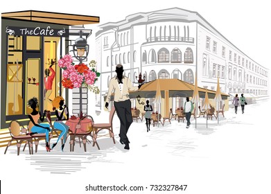 Series of the street cafes with people, men and women, in the old city, watercolor vector illustration. Waiters serve the tables. 