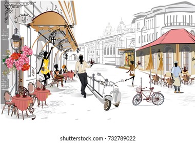 Series of the street cafes with people, men and women, in the old city, watercolor vector illustration. Waiters serve the tables. 