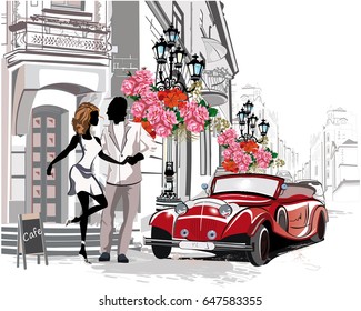 Series of street cafes with a retro car and a romantic couple in the old city. Hand drawn vector. 