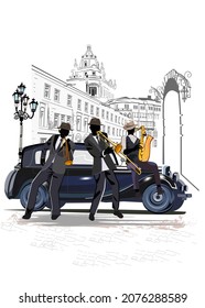 Series of street musicians in the city. Jazz band near the retro car. Hand drawn vector illustration with retro buildings.