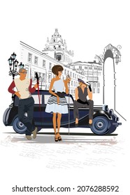 Series of street musicians in the city. Jazz band near the retro car. Hand drawn vector illustration with retro buildings.