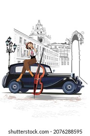 Series of street musicians in the city. Jazz band near the retro car. Hand drawn vector illustration with retro buildings.