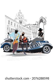 Series of street musicians in the city. Jazz band near the retro car. Hand drawn vector illustration with retro buildings.