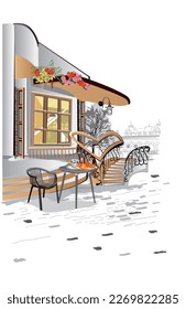 Series of street views with cafes and flowers. Hand drawn vector architectural background with historic buildings.