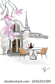 Series of street views with cafes and flowers in Paris. Hand drawn vector architectural background with historic buildings.