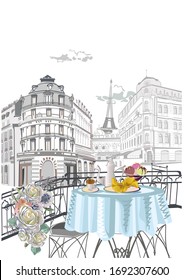 Series of street views with cafes in Paris. Hand drawn vector architectural background with historic buildings.