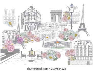 Series of street views with cafes in Paris. Hand drawn vector architectural background with historic buildings.