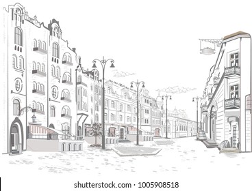 Series of street views in the old city. Hand drawn vector architectural background with historic buildings. 