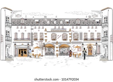 Series of street views in the old city. Hand drawn vector architectural background with historic buildings.