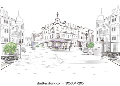 Series of street views in the old city. Hand drawn vector architectural background with historic buildings.