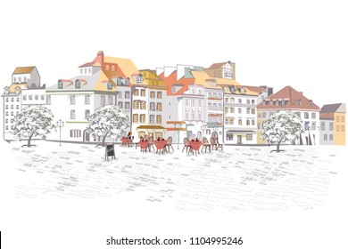 Series of street views in the old city. Hand drawn vector architectural background with historic buildings.