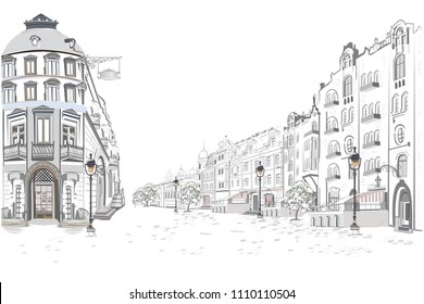 Series of street views in the old city. Hand drawn vector architectural background with historic buildings.