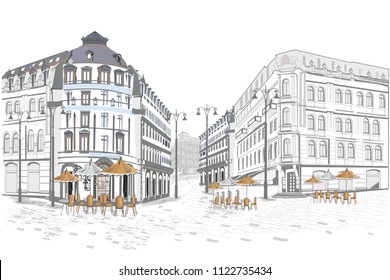 Series of  street views in the old city. Hand drawn vector architectural background with historic buildings.