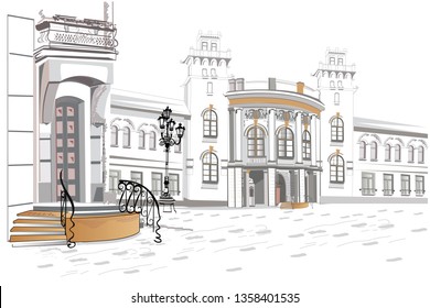 Series of street views in the old city. Hand drawn vector architectural background with historic buildings.