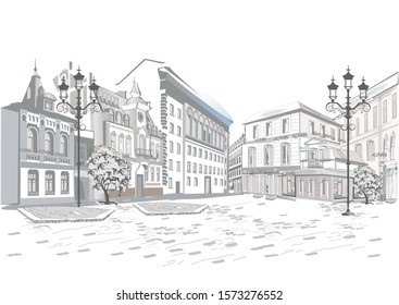 Series of street views in the old city. Hand drawn vector architectural background with historic buildings. Black & white sketch