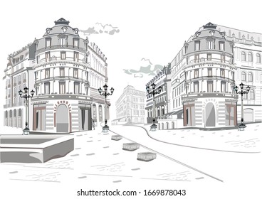 Series of street views in the old city. Hand drawn vector architectural background with historic buildings. Black & white sketch