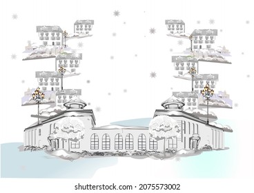 Series of street views in the old city. Hand drawn vector architectural background with historic buildings. Black  white sketch