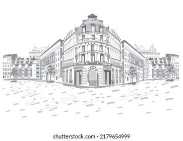 Series of street views in the old city. Hand drawn vector architectural background with historic buildings.