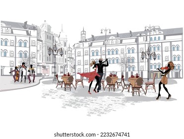 Series of street views in the old city with dancing couple and musicians. Hand drawn vector architectural travel background with historic buildings. Hand drawn vector illustration.