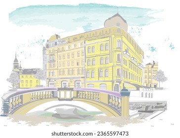 Series of street views in the old city. Hand drawn vector architectural background with historic buildings.