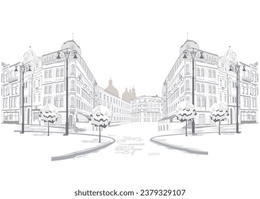 Series of street views in the old city. Hand drawn vector architectural travel background with historic buildings. Black and white sketch.