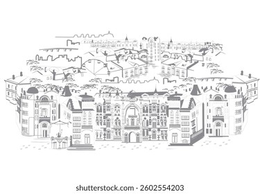 Series of street views in the old city. Hand drawn vector architectural travel background with historic buildings.