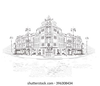 Series of street views in the old city. Hand drawn  vector architectural background with historic buildings.