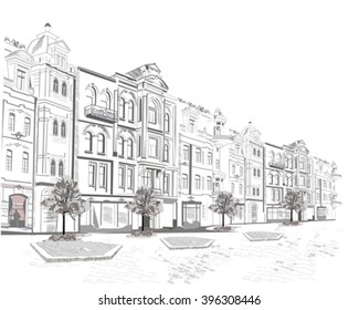 Series of street views in the old city. Hand drawn  vector architectural background with historic buildings.