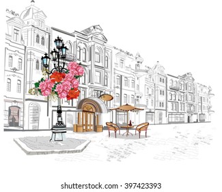 Series of street views in the old city. Hand drawn vector architectural background with historic buildings and cafes.