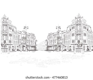 Series Of Street Views In The Old City. Hand Drawn Vector Architectural Background With Historic Buildings.