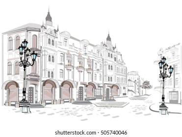 Series of street views in the old city. Hand drawn vector architectural background with historic buildings.