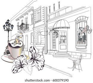 Series of street views in the old city. Hand drawn vector architectural background with historic buildings.