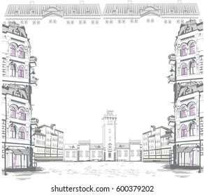 Series of street views in the old city. Hand drawn vector architectural background with historic buildings.