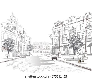 Series of street views in the old city. Hand drawn vector architectural background with historic buildings.
