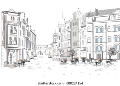 Series Of Street Views In The Old City. Hand Drawn Vector Architectural Background With Historic Buildings.