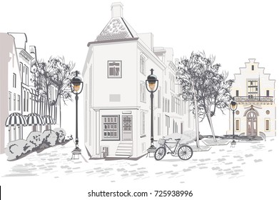 Series of street views in the old city. Hand drawn vector architectural background with historic buildings.
