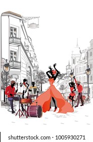 Series of the streets with musicians and dancing couples in the old city. Hand drawn vector illustration with retro buildings.