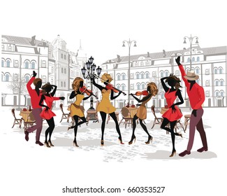 Series of the streets with musicians and dancing couples in the old city. Hand drawn vector illustration with retro buildings.