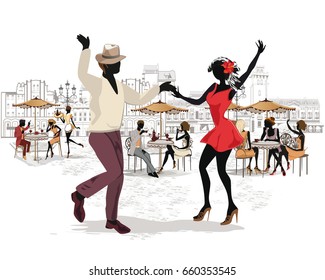 Series of the streets with musicians and dancing couples in the old city. Hand drawn vector illustration with retro buildings.