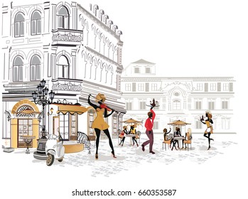 Series of the streets with musicians and dancing couples in the old city. Hand drawn vector illustration with retro buildings.