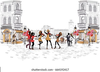 Series of the streets with musicians and dancing couples in the old city. Hand drawn vector illustration with retro buildings.