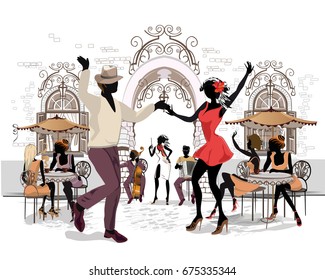 Series of the streets with musicians and dancing couples in the old city. Hand drawn vector illustration with retro buildings.