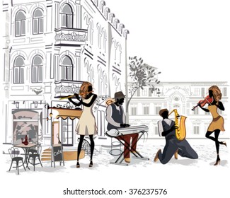 Series of the streets with musicians in the old city