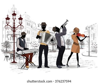 Series of the streets with musicians in the old city