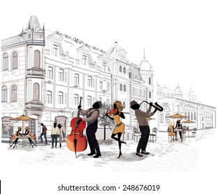 Series of the streets with people and musicians in the old city 