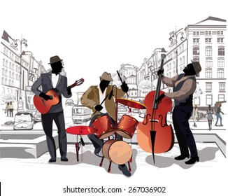 Series of the streets with people and musicians in the old city