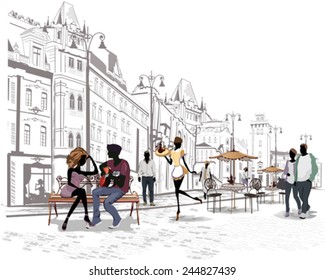 Series of the streets with people in the old city, romantic couple with a guitar sitting on the bench