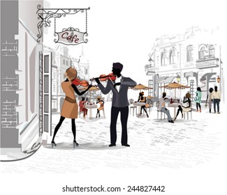 Series of the streets with people in the old city, musicians with violins